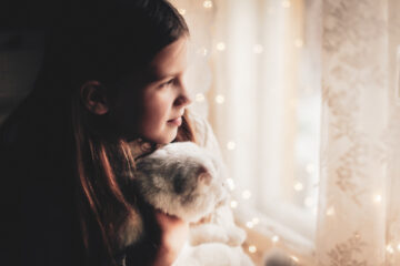 Caucasian kid girl and cat. A girl in a cozy knitted sweater with a cat in her arms near the window, the concept of home comfort, children and pets. Pet care. Soft focus and toning